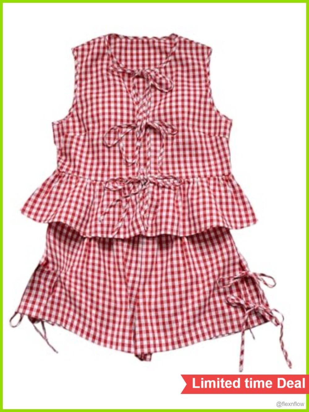 Gingham Shorts Set Sleeveless Bow Tank Top Ruffle Casual Summer